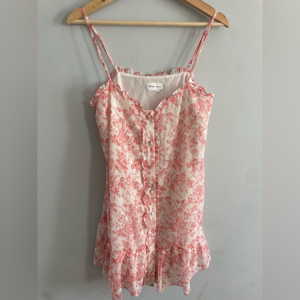 Lovers + Friends White and Pink Floral Ruffle Hem Mini Dress Size S